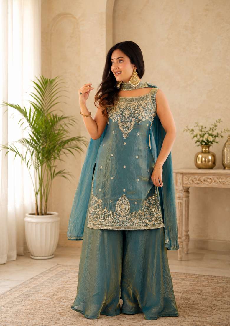 Teal Blue Embroidered Silk Sharara Set - Indya