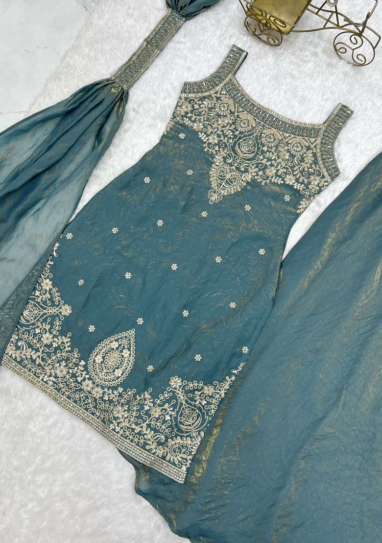 Teal Blue Embroidered Silk Sharara Set - Indya