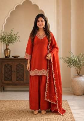 Rust Orange Embroidered Silk Sharara Set
