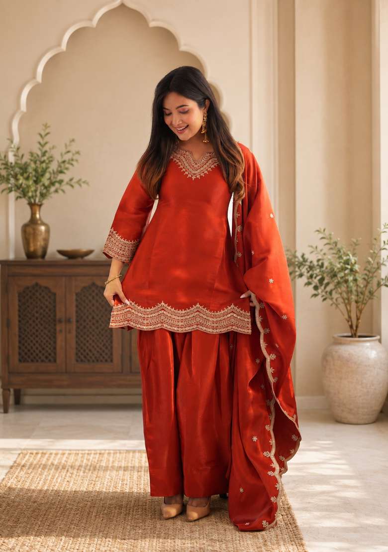 Rust Orange Embroidered Silk Sharara Set - Indya