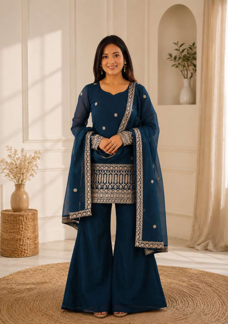 Navy Blue Embroidered Silk Sharara Set - Indya