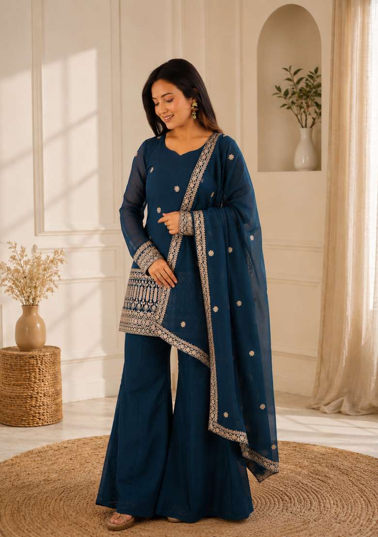 Navy Blue Embroidered Silk Sharara Set - Indya