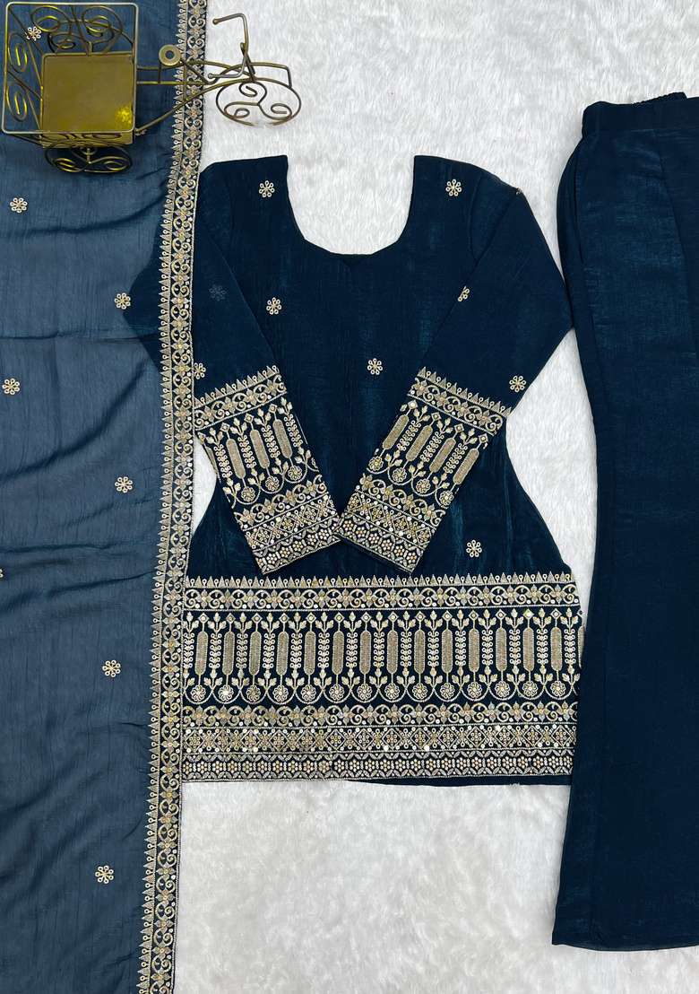 Navy Blue Embroidered Silk Sharara Set - Indya