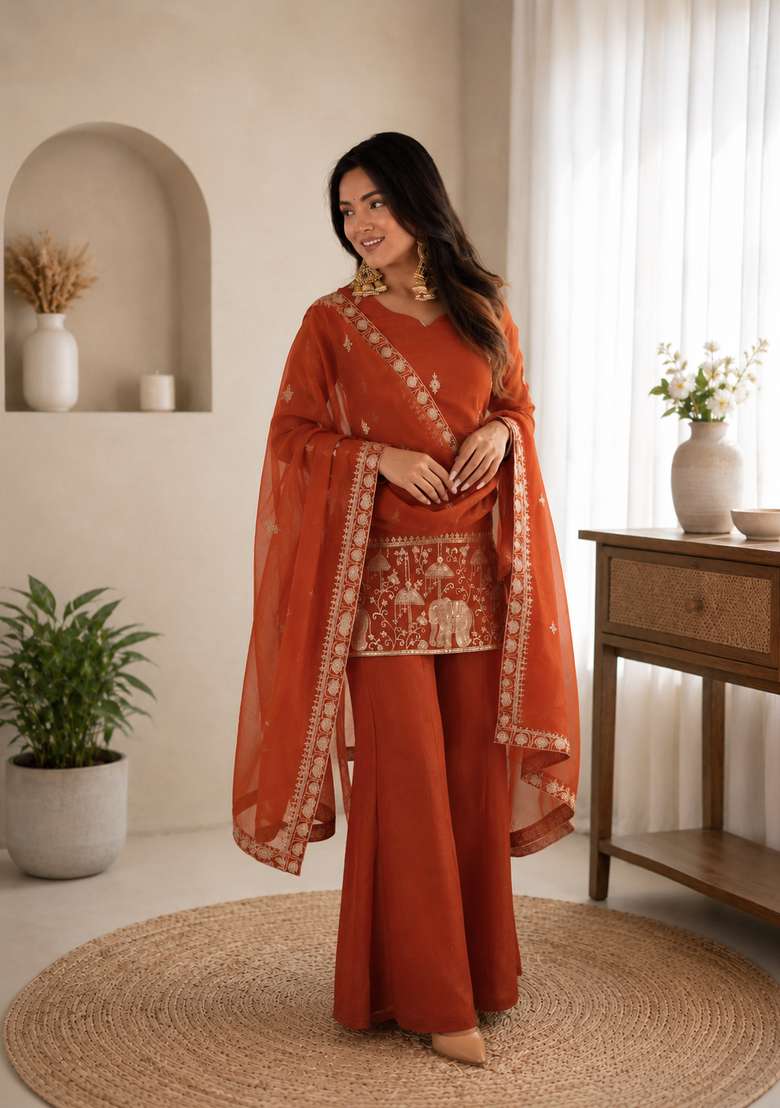 Rust Orange Embroidered Silk Sharara Set - Indya