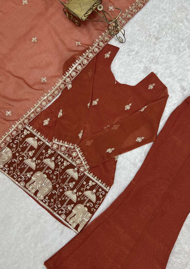 Rust Orange Embroidered Silk Sharara Set - Indya