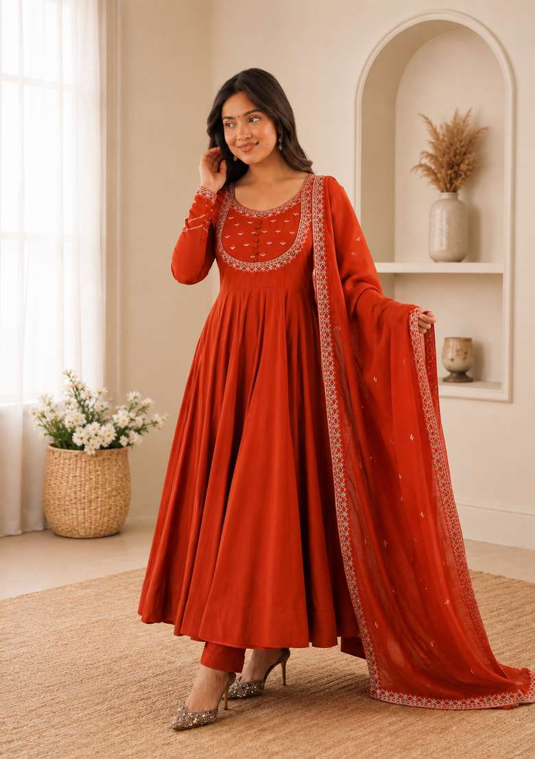 Rust Orange Silk Anarkali Set - Indya