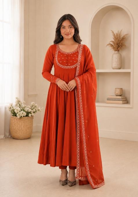 Rust Orange Silk Anarkali Set