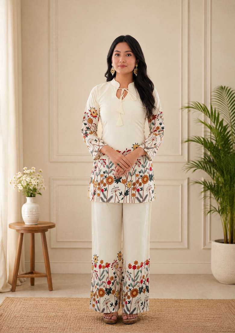 White Printed Cotton Sharara Set - Indya