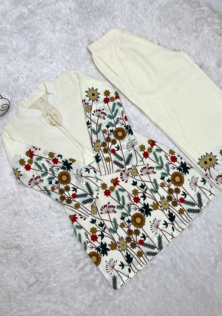 White Printed Cotton Sharara Set - Indya