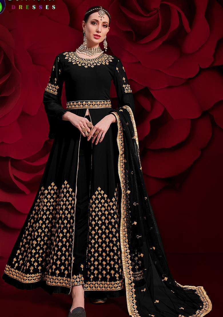 Black Embroidery Georgette Anarkali Set - Indya