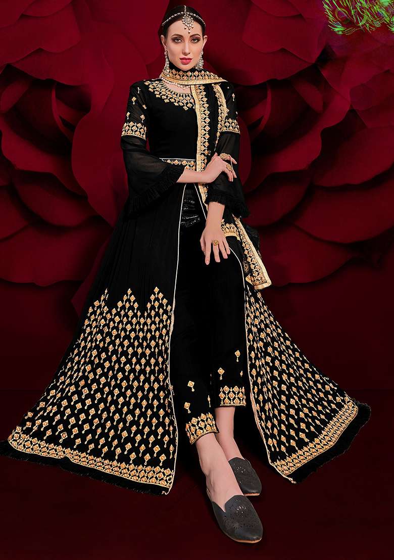 Black Embroidery Georgette Anarkali Set - Indya