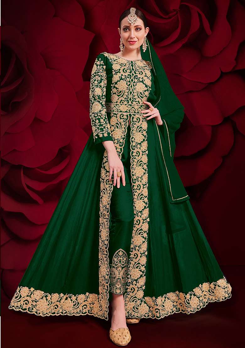 Green Embroidery Georgette Anarkali Set - Indya