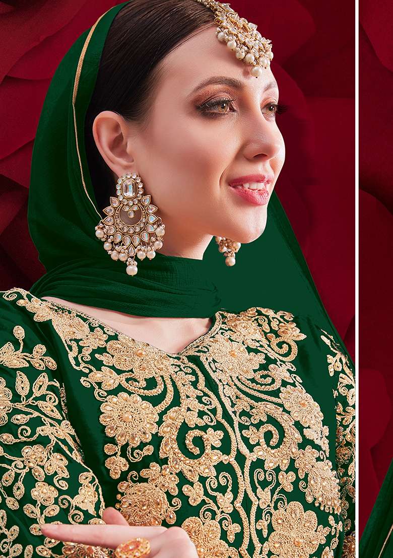 Green Embroidery Georgette Anarkali Set - Indya
