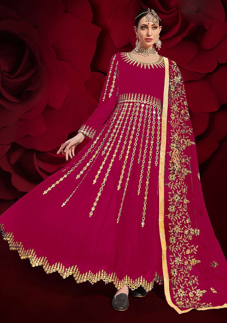 Wine Embroidery Georgette Anarkali Set - Indya