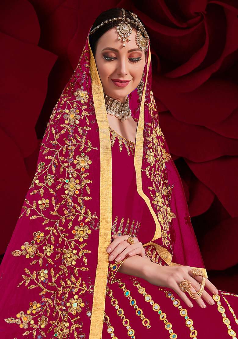 Wine Embroidery Georgette Anarkali Set - Indya