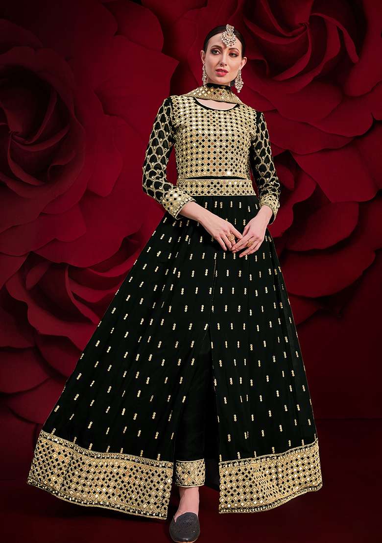 Black Embroidery Georgette Anarkali Set - Indya