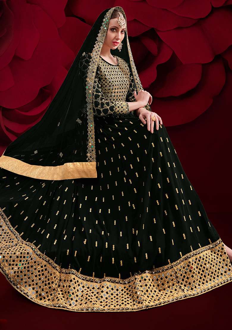 Black Embroidery Georgette Anarkali Set - Indya