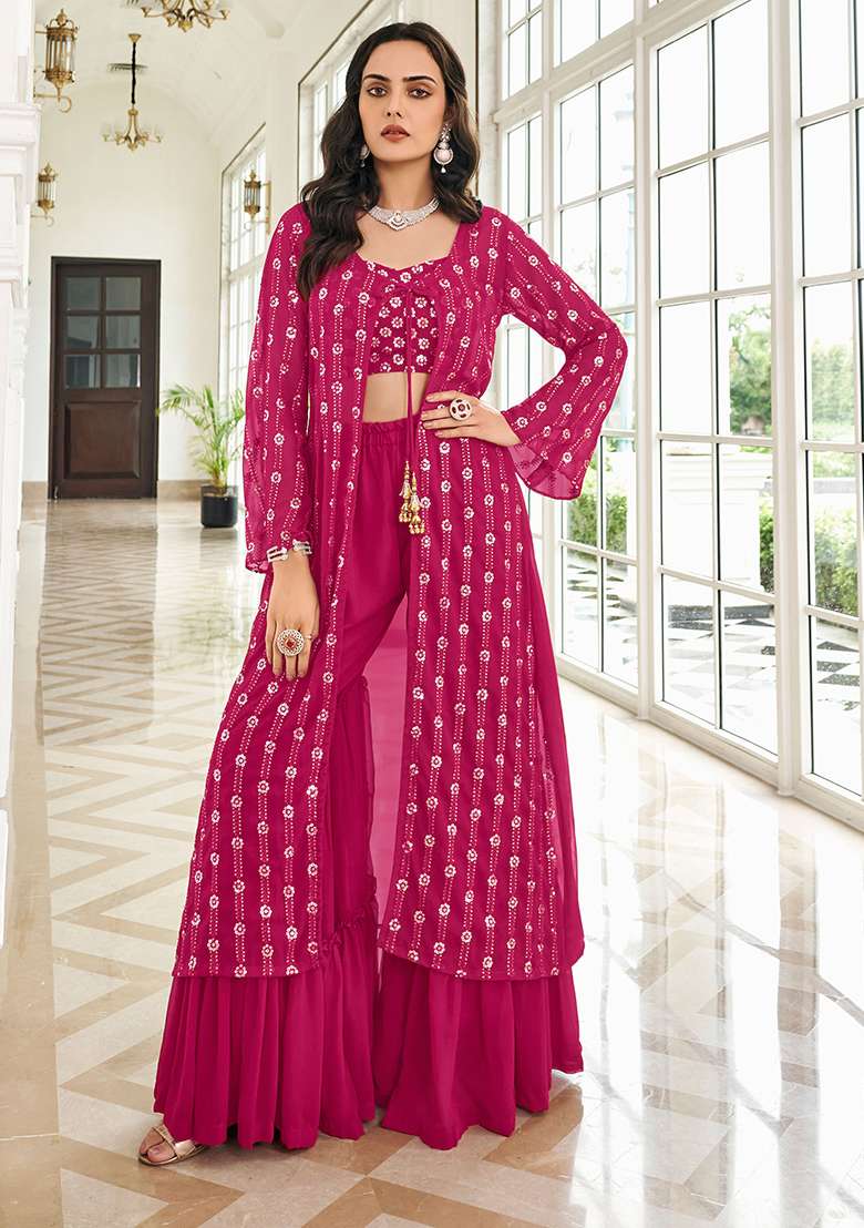 Green Embroidery Georgette Palazzo Set - Indya