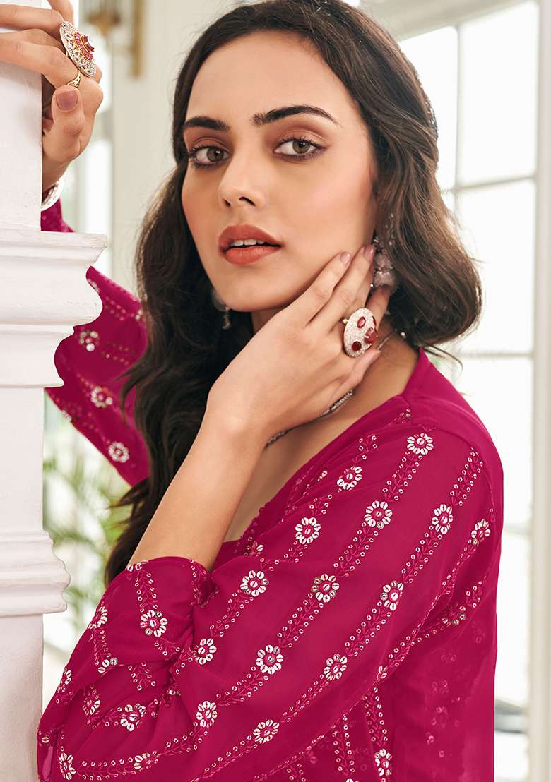 Green Embroidery Georgette Palazzo Set - Indya