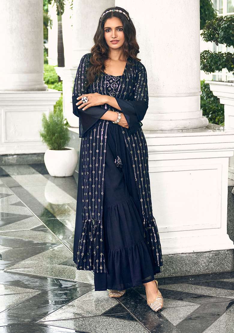 Black Embroidery Georgette Palazzo Set - Indya