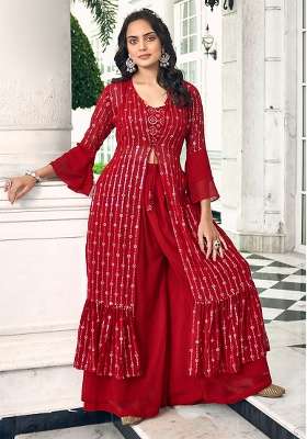 Teal Blue Embroidery Georgette Palazzo Set