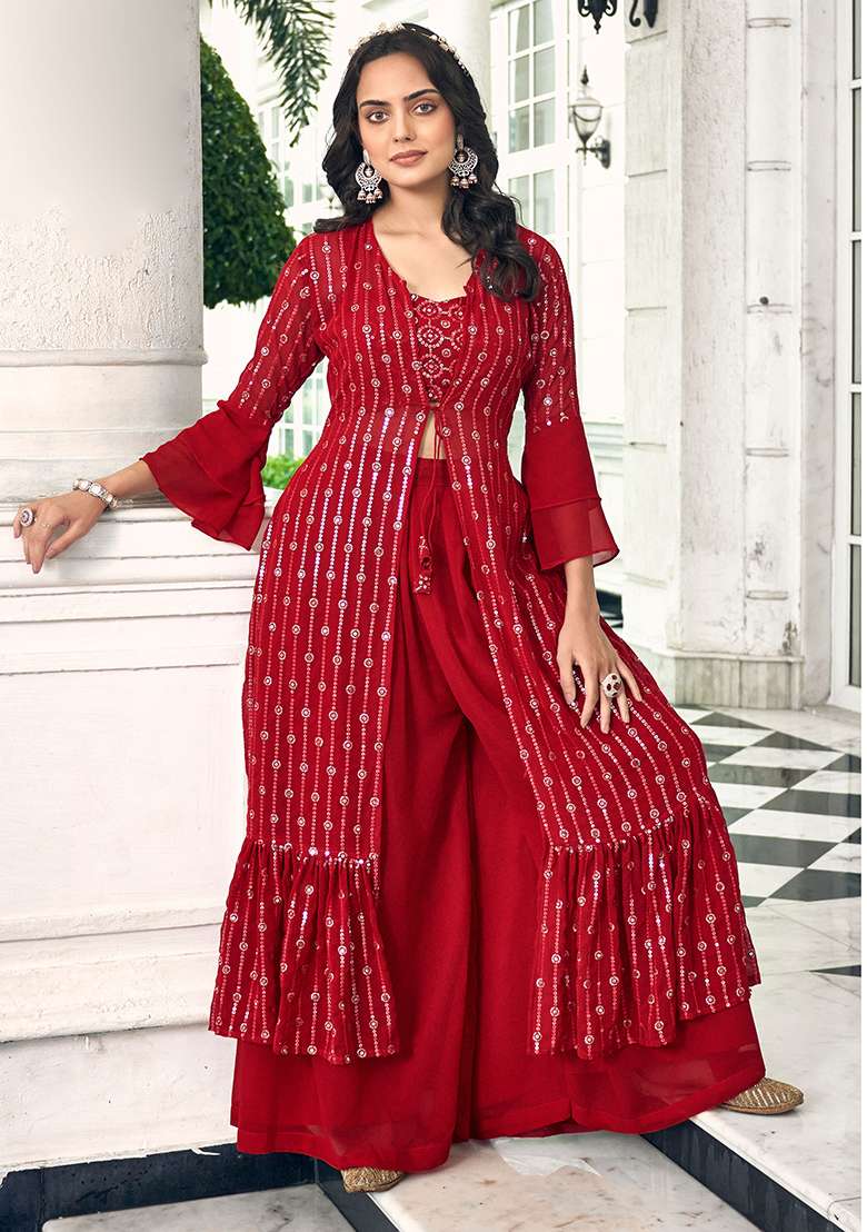 Teal Blue Embroidery Georgette Palazzo Set - Indya