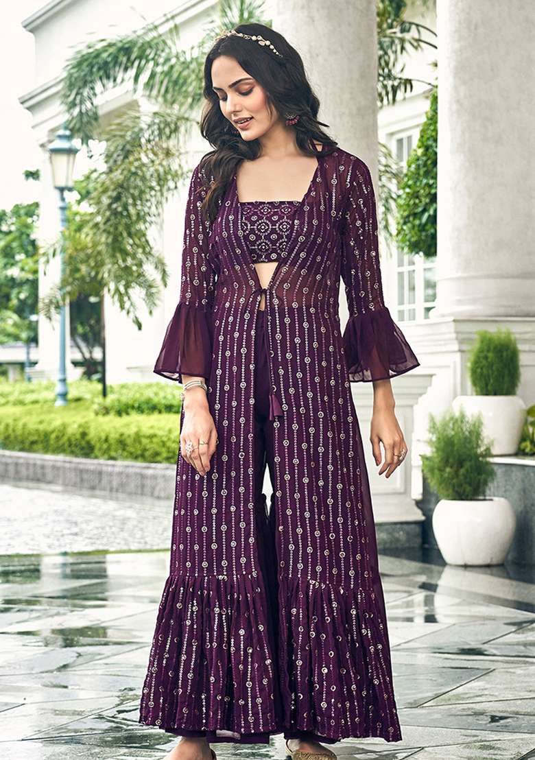 Red Embroidery Georgette Palazzo Set - Indya