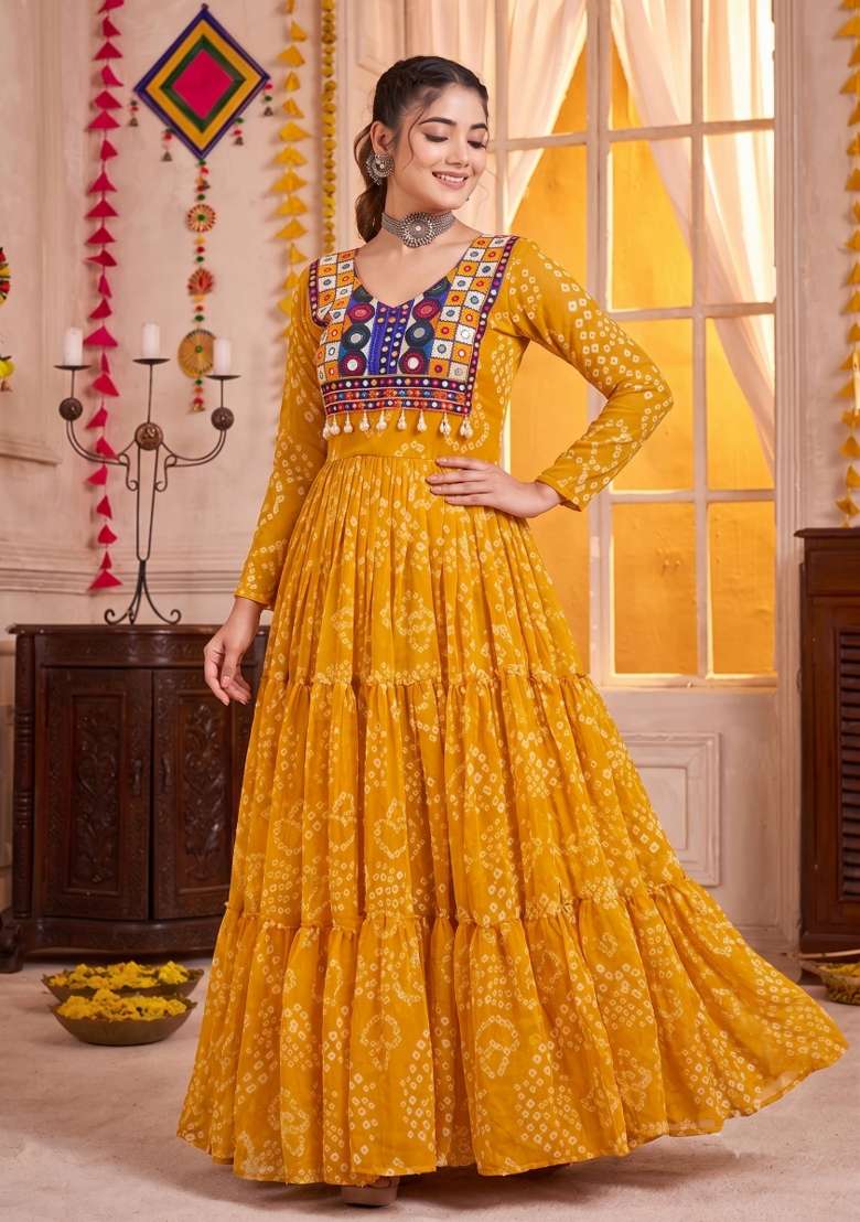 Yellow Embroidered Georgette Gown - Indya