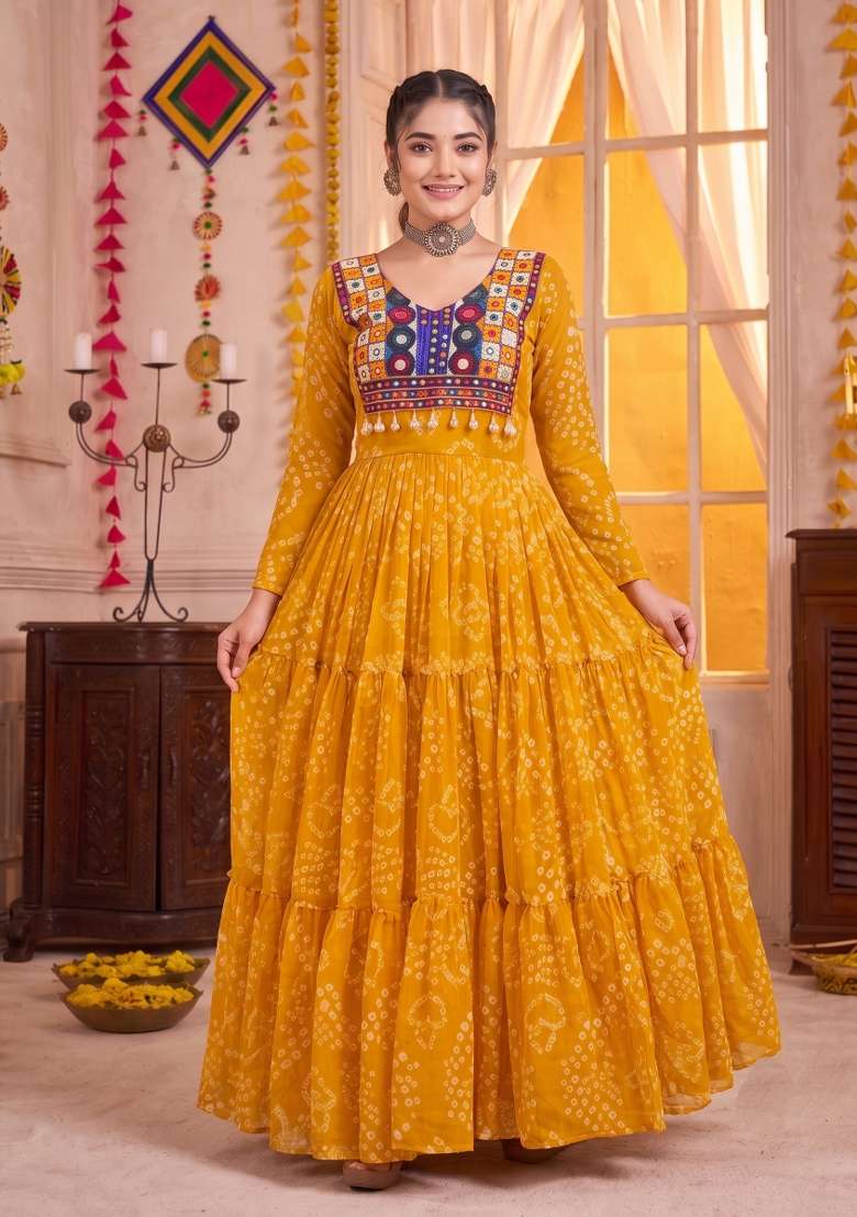 Yellow Embroidered Georgette Gown - Indya