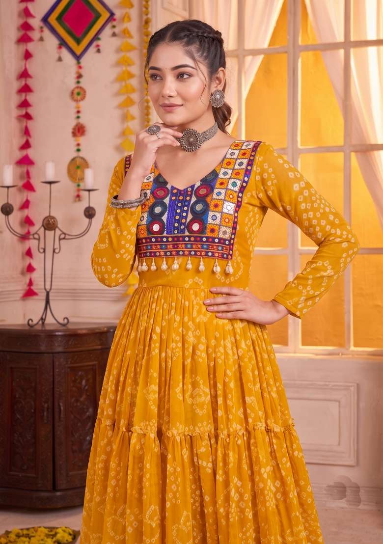Yellow Embroidered Georgette Gown - Indya