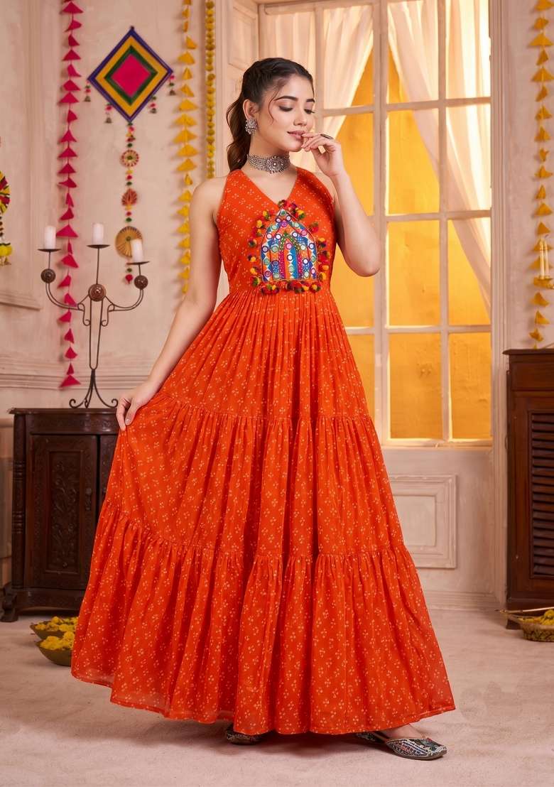 Orange Embroidered Georgette Gown - Indya