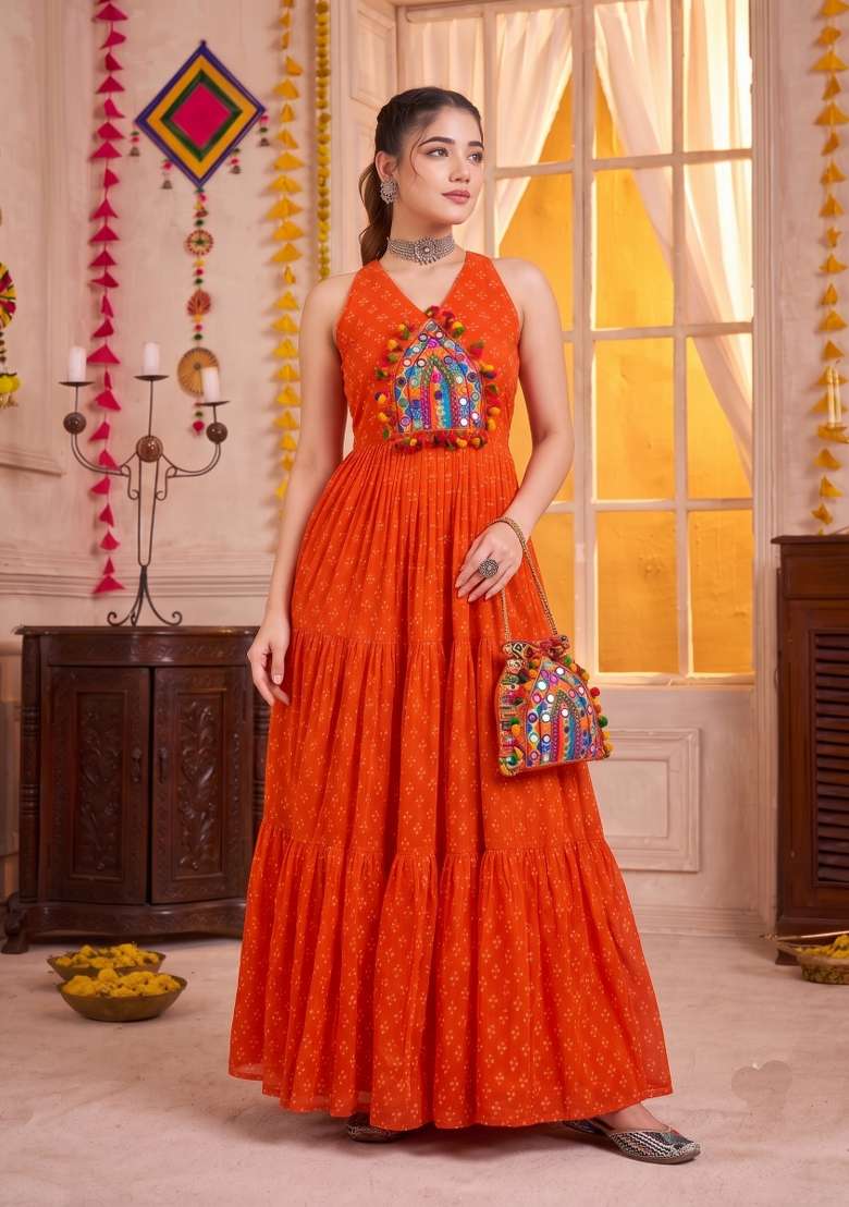 Orange Embroidered Georgette Gown - Indya