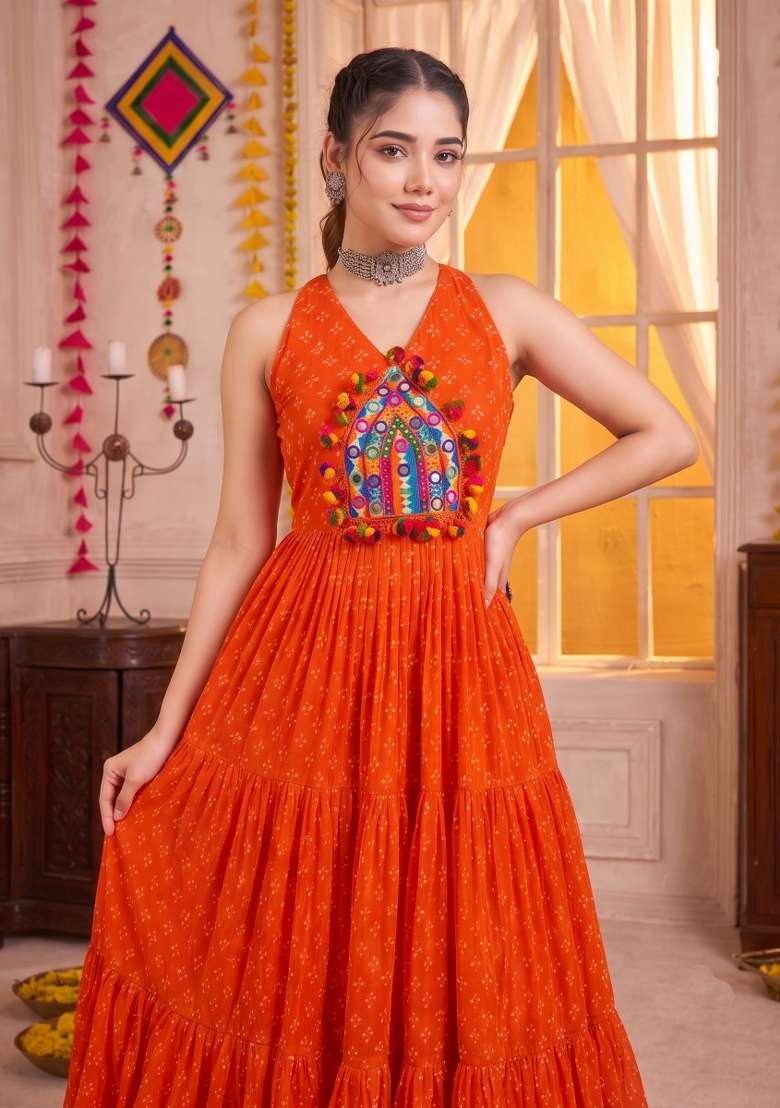 Orange Embroidered Georgette Gown - Indya
