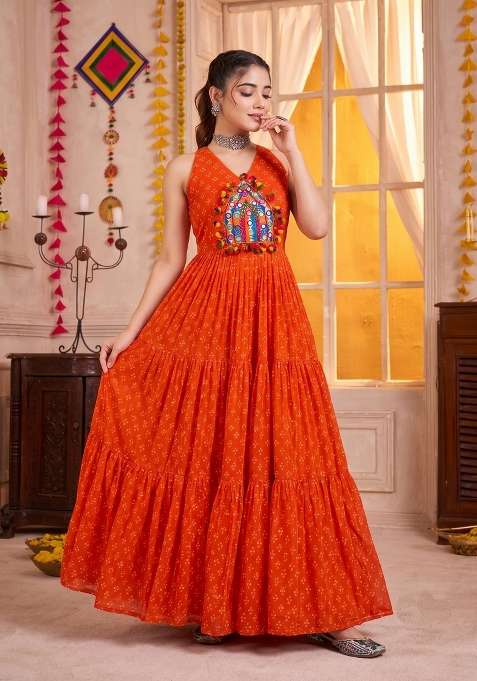 Orange Embroidered Georgette Gown