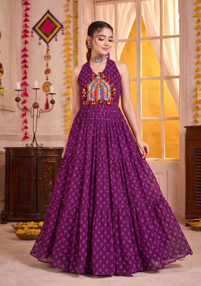 Purple Embroidered Georgette Gown - Indya