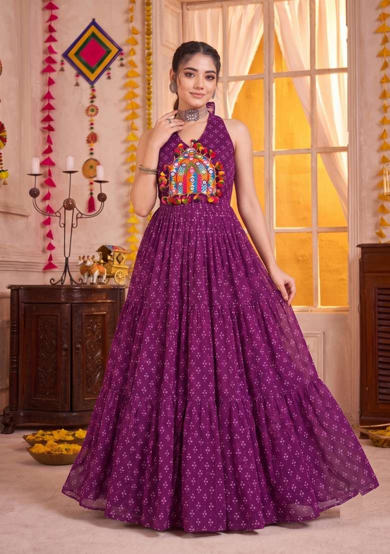 Purple Embroidered Georgette Gown - Indya