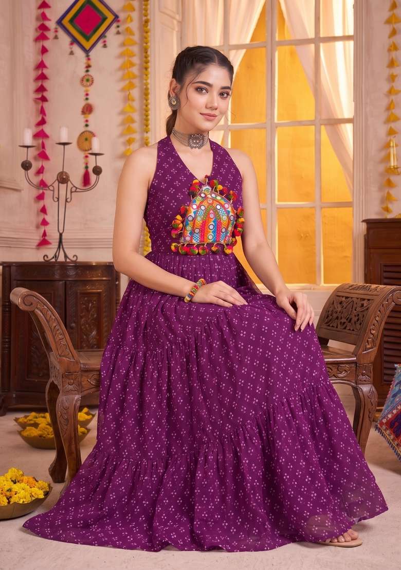 Purple Embroidered Georgette Gown - Indya