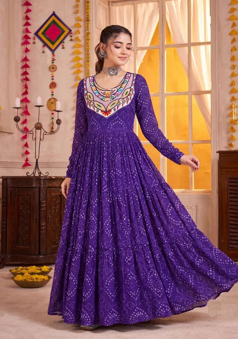 Purple Embroidered Georgette Gown - Indya