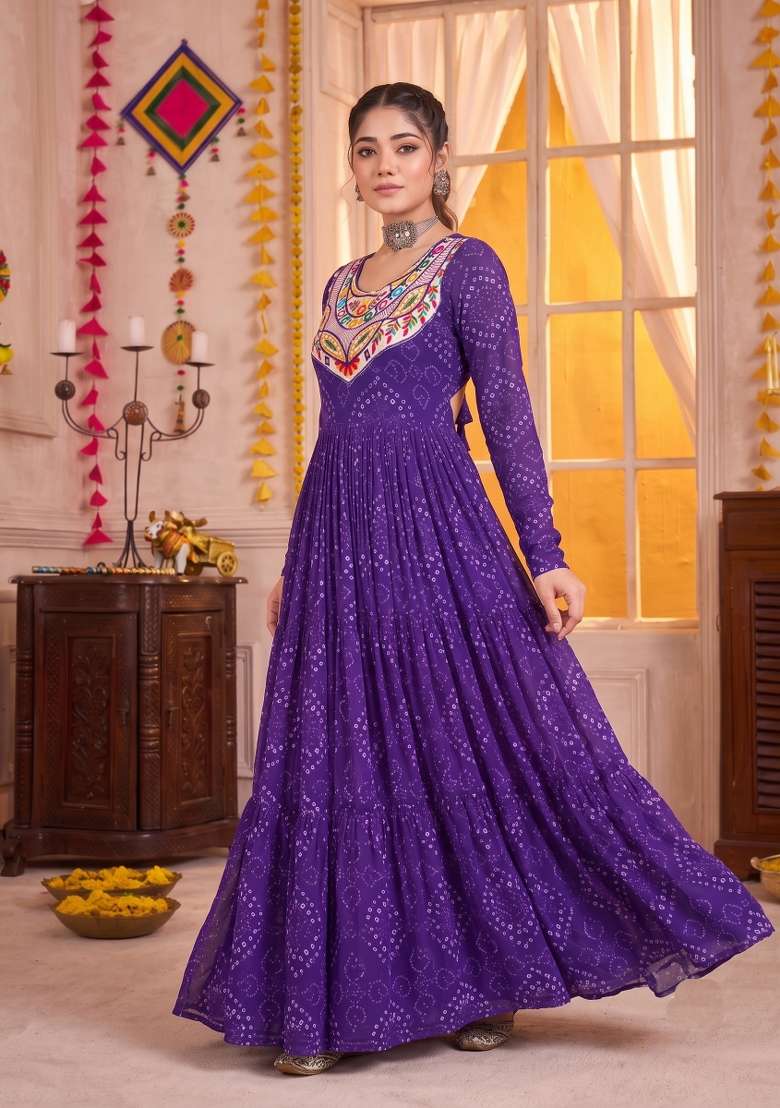 Purple Embroidered Georgette Gown - Indya