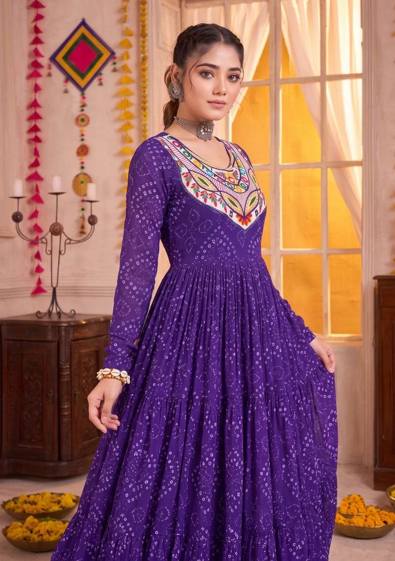 Purple Embroidered Georgette Gown - Indya