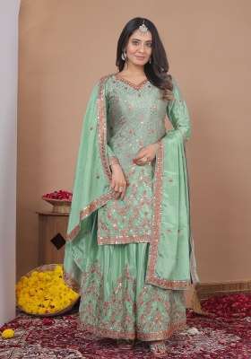 Pista Green Embroidered Chinon Kurta Set