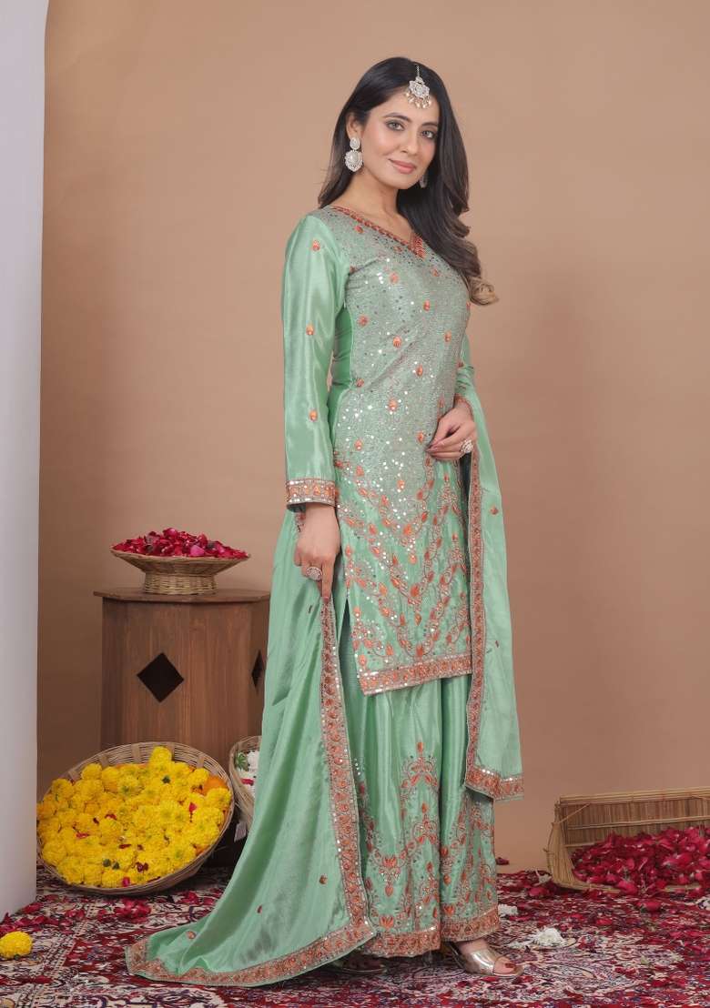 Pista Green Embroidered Chinon Kurta Set - Indya