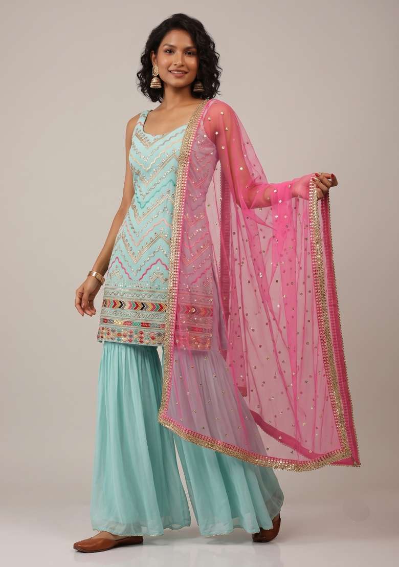 Sky Blue Embroidery Georgette Kurta Set - Indya