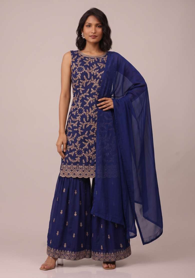 Navy Blue Embroidery Georgette Kurta Set - Indya