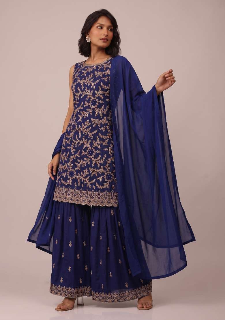 Navy Blue Embroidery Georgette Kurta Set - Indya