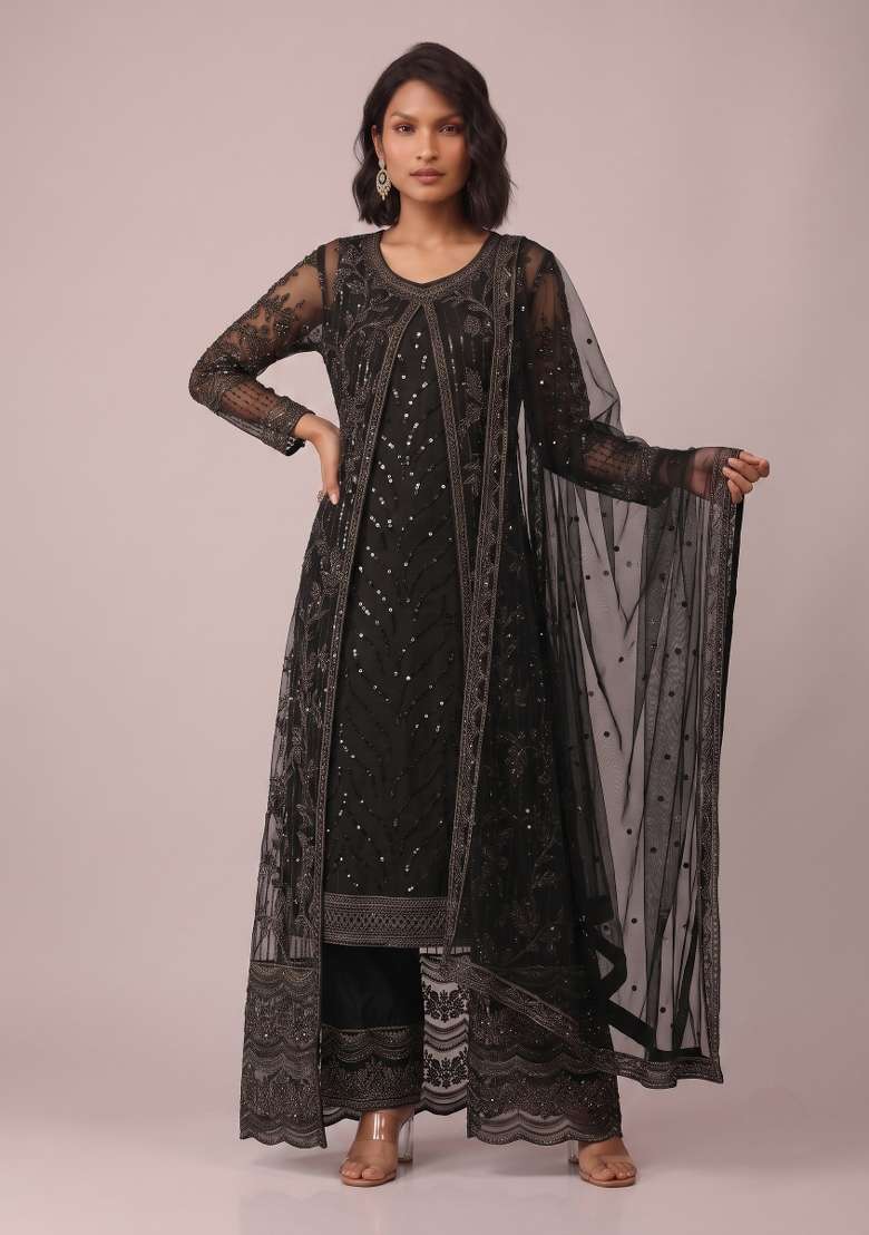 Black Embroidery Net Kurta Set - Indya
