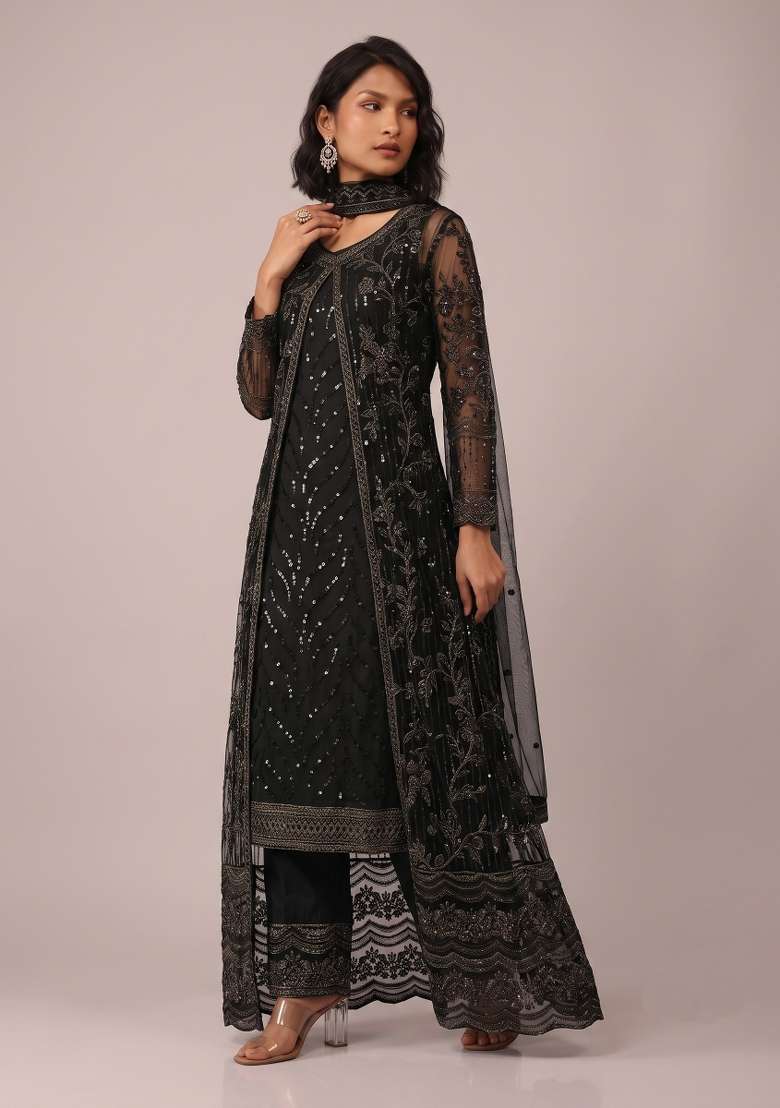 Black Embroidery Net Kurta Set - Indya