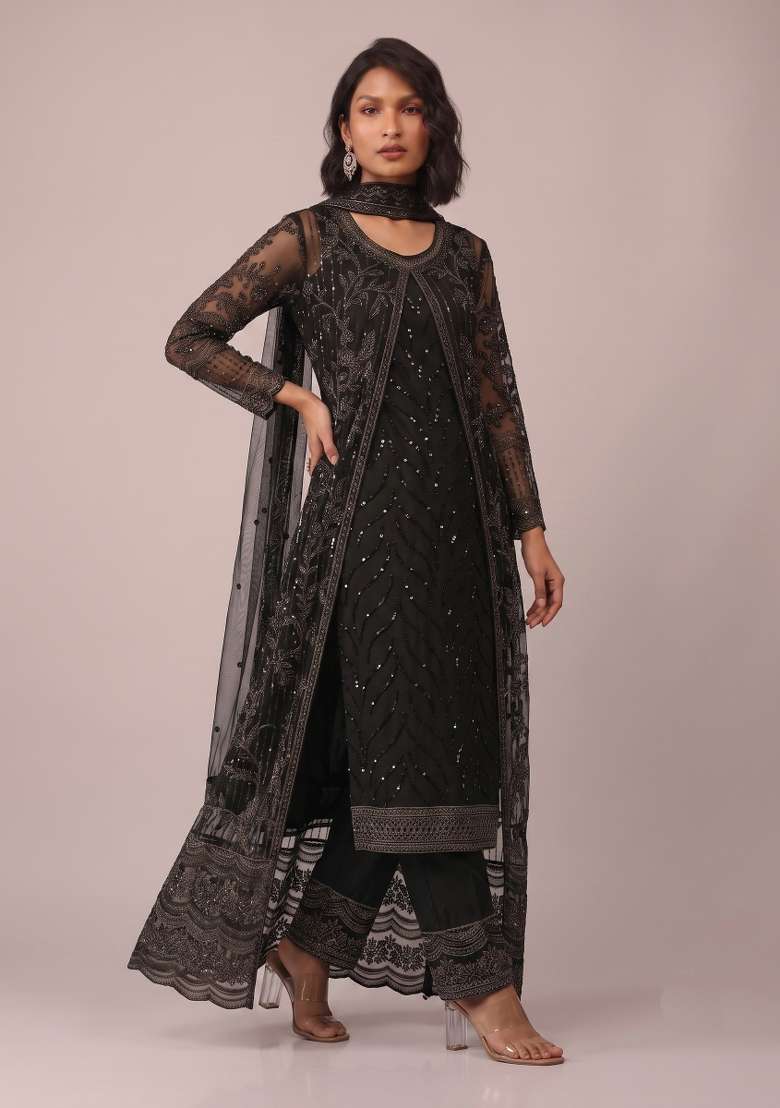 Black Embroidery Net Kurta Set - Indya