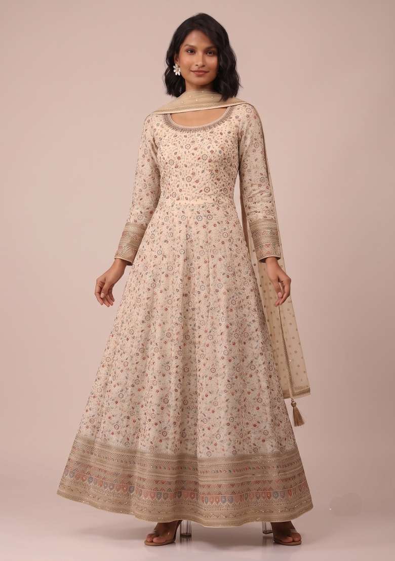 Cream Embroidery Georgette Kurta Set - Indya
