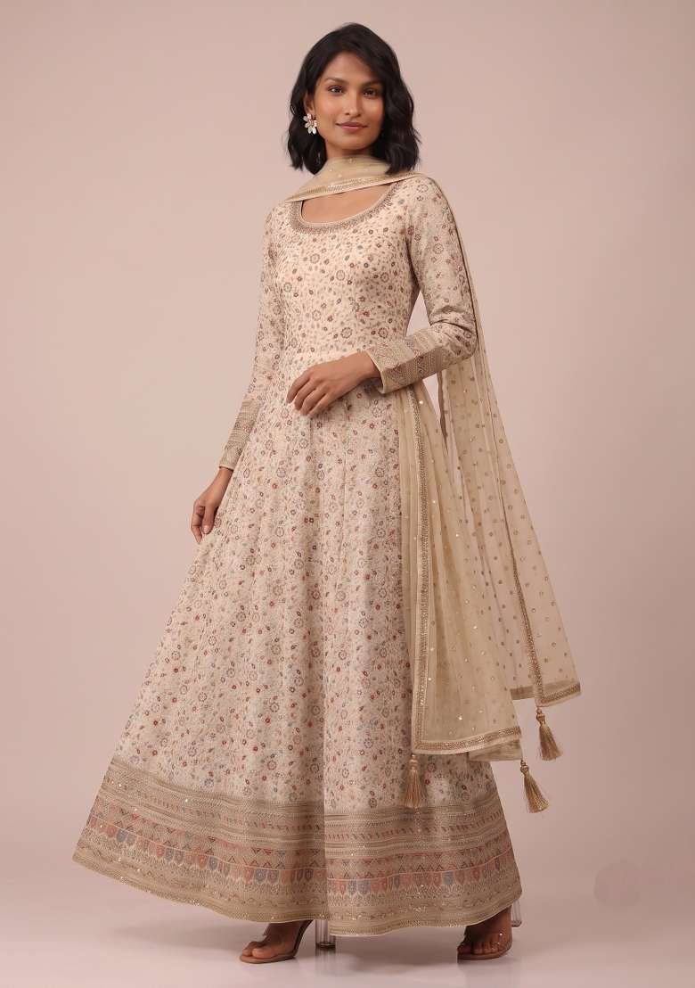 Cream Embroidery Georgette Kurta Set - Indya